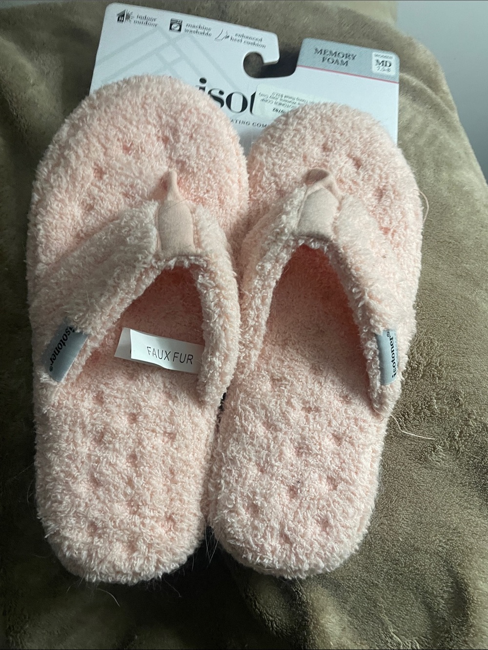 isotoner Pink Faux Fur Memory Foam Flip Flop Slippers